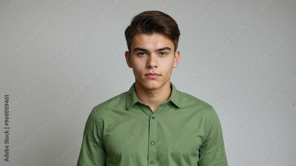 Obraz premium teen stunning brunette finnougric man with green shirt model portrait standing straight on a plain white background for ad concept space for text