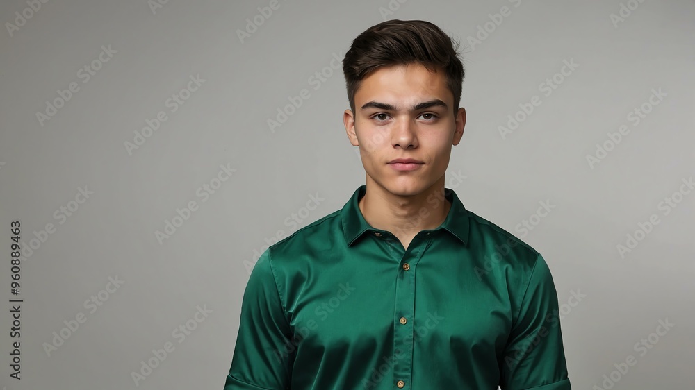Fototapeta premium teen stunning brunette finnougric man with green shirt model portrait standing straight on a plain white background for ad concept space for text