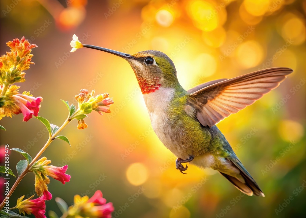 Obraz premium golden morning light dancing hummingbird unfurls delicate tongue pastel blooms