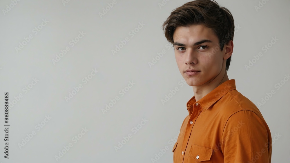 Obraz premium teen stunning brunette finnougric man with orange shirt model portrait standing straight on a plain white background for ad concept space for text