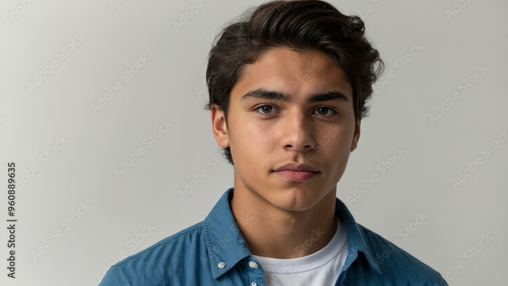 Fototapeta premium teen stunning brunette hispanic man with blue shirt model portrait standing straight on a plain white background for ad concept space for text