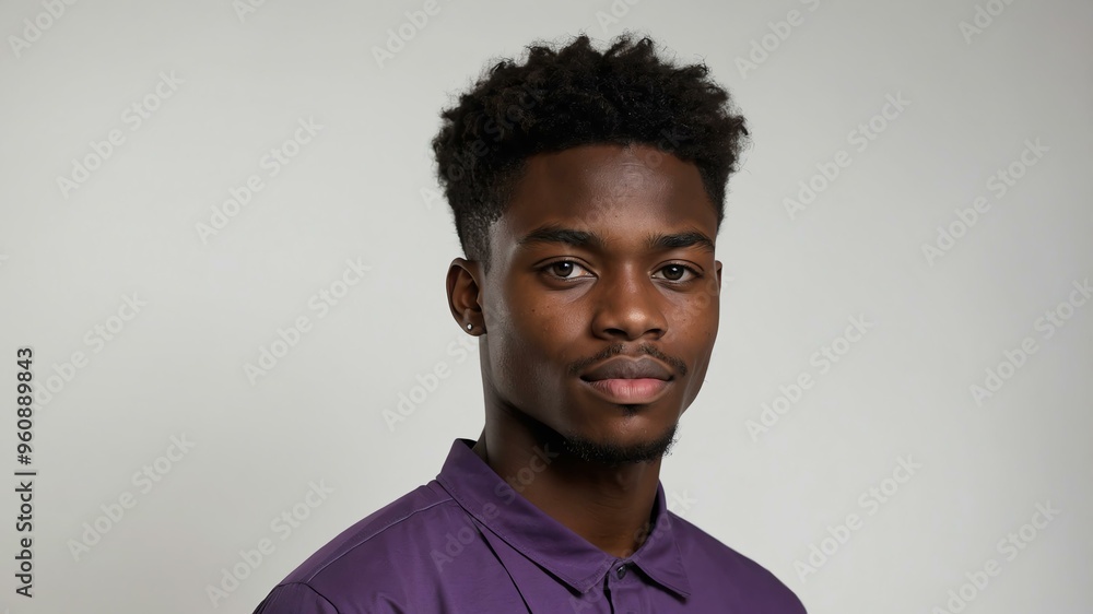 Obraz premium teen stunning brunette subsaharan african man with purple shirt model portrait standing straight on a plain white background for ad concept space for text