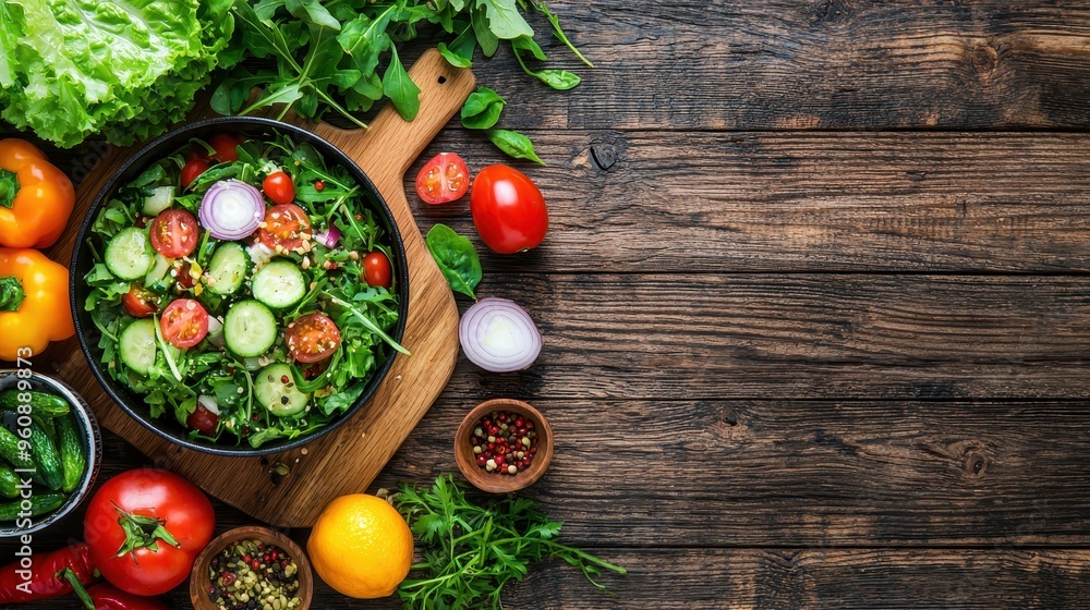 Fresh Salad with Cucumber Tomato and Red Onion on Rustic Wooden Table Fresh Salad with Cucumber Tomato and Red Onion on Rustic Wooden Table
