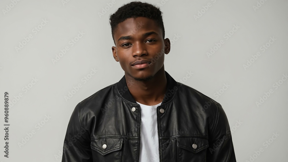 Obraz premium teen stunning brunette subsaharan african man with black shirt model portrait standing straight on a plain white background for ad concept space for text