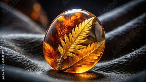 Whispers of Eternity Fossil fossilized leaves encased in glowing amber resin suspended against velvety blackness echoing ancient secrets in eerie silence photo