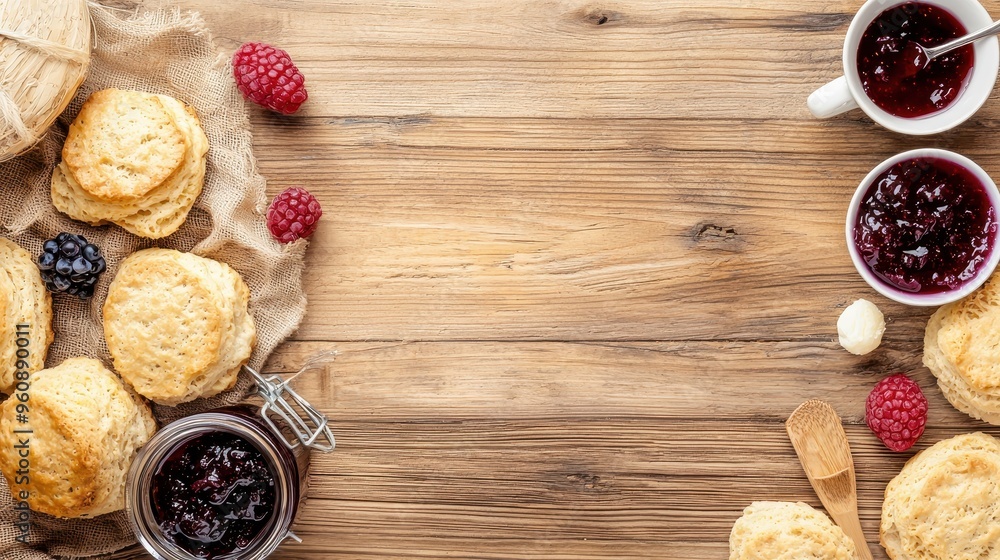 Homemade Biscuits with Jam and Berries on Rustic Wood Table Top View Homemade Biscuits with Jam and Berries on Rustic Wood Table Top View