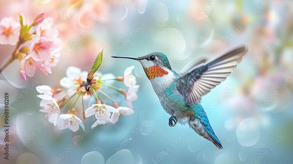 Fototapeta premium Hummingbird in Flight Near Cherry Blossoms