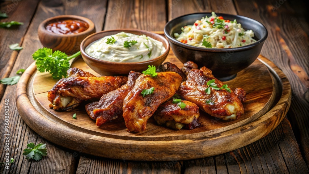 rustic farmhouse dinner with slow cooked bbq chicken wings and creamy coleslaw on vintage wooden platter rustic farmhouse dinner with slow cooked bbq chicken wings and creamy coleslaw on vintage wooden platter