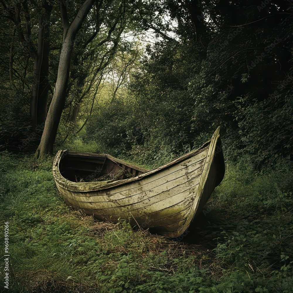 Abandoned wooden boat in overgrown forest during late afternoon light Abandoned wooden boat in overgrown forest during late afternoon light