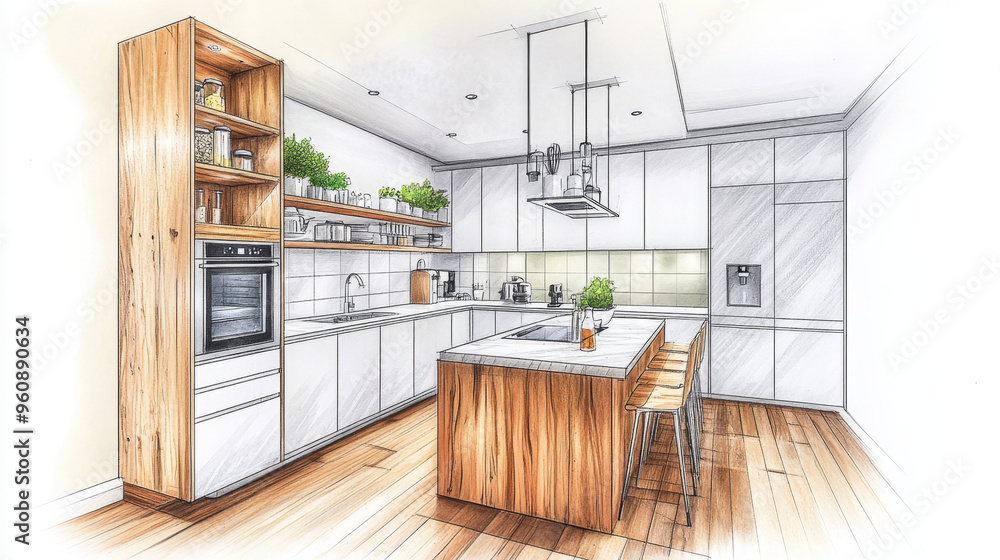 Fototapeta premium An architectural drawing of the interior design for a kitchen in white and wood colors, the lines should have a grid pattern