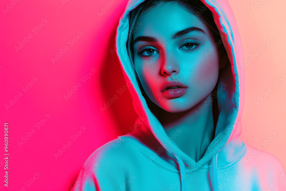 Bold Woman in Neon Teal Hoodie with Solid Neon Pink Background Fashionable Lifestyle Portrait Bold Woman in Neon Teal Hoodie with Solid Neon Pink Background Fashionable Lifestyle Portrait