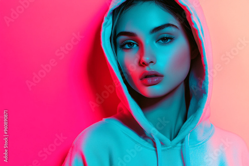 Bold Woman in Neon Teal Hoodie with Solid Neon Pink Background Fashionable Lifestyle Portrait