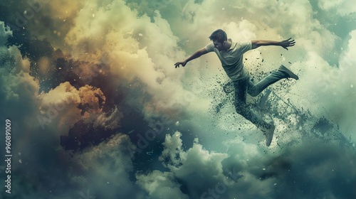 Wallpaper Mural A man leaps through the air, his body dissolving into particles against a backdrop of dramatic clouds. Torontodigital.ca