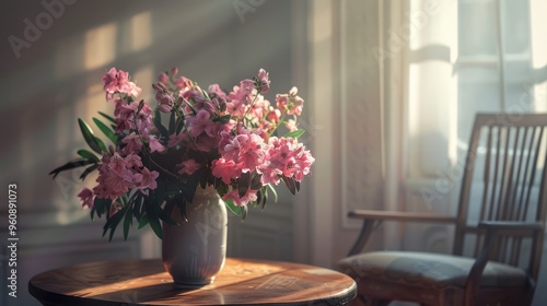 Wallpaper Mural Pink flowers in vase on wooden table next to chair Torontodigital.ca