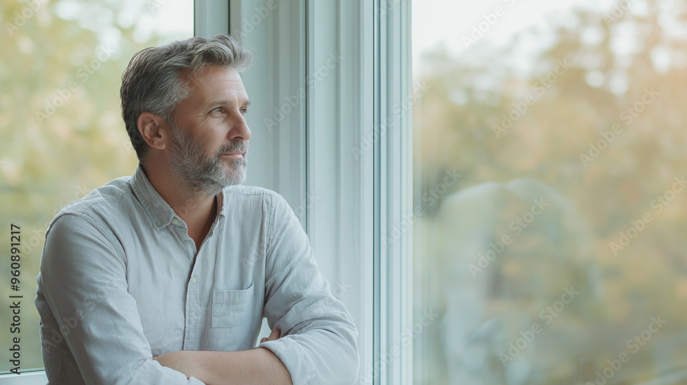 Attractive mature man leaning on the sill of a large bright window with copy space looking away Attractive mature man leaning on the sill of a large bright window with copy space looking away