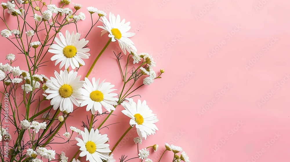 Naklejka premium Daisies and Baby's Breath on a Pink Background