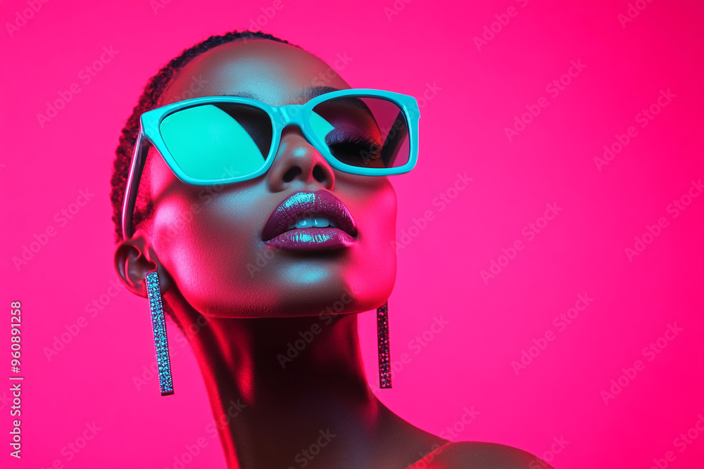 Trendsetting Woman in Neon Teal Eyewear with Solid Neon Pink Background Fashion Portrait Trendsetting Woman in Neon Teal Eyewear with Solid Neon Pink Background Fashion Portrait