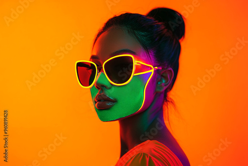 Trendsetting Woman in Neon Green Face Mask with Solid Neon Orange Background Modern Portrait