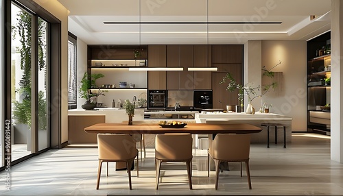 Design a modern kitchen and dining space with cozy livability. photo