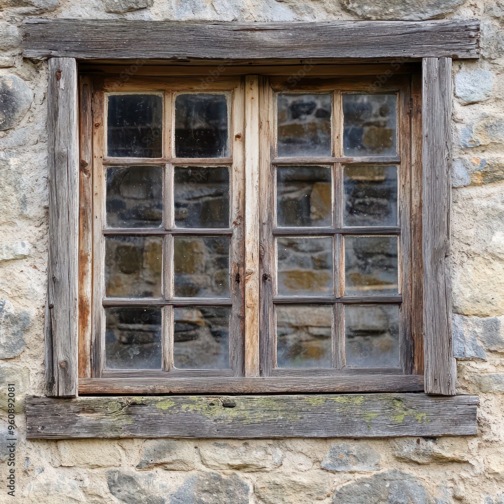 Rustic wooden window on a stone wall in an old building Rustic wooden window on a stone wall in an old building