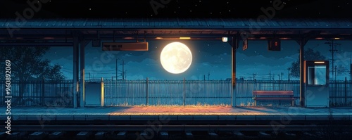 An empty train platform with a full moon illuminating the scene.
