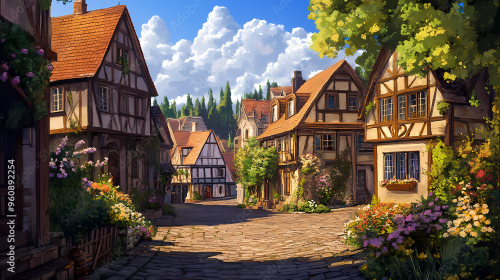 Naklejka premium Quaint medieval town with cobblestone streets and charming houses. fantasy world setting. Medieval Village. Illustration