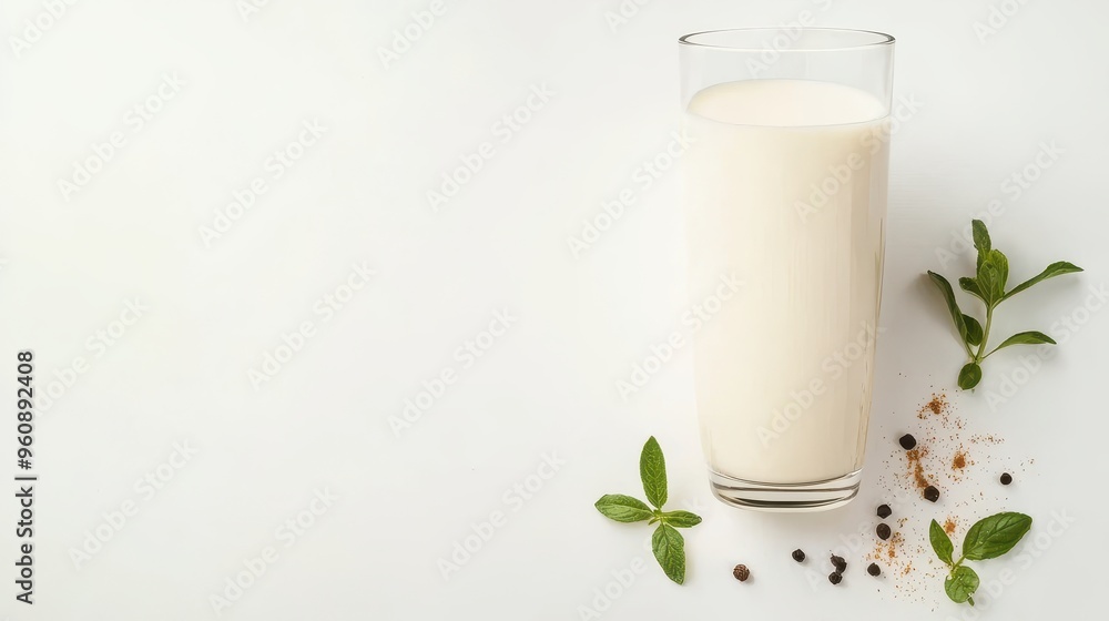 Glass of Milk with Mint and Spices on White Background Glass of Milk with Mint and Spices on White Background