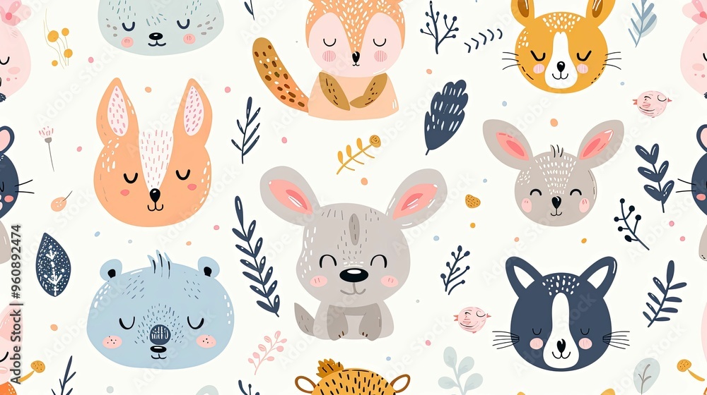 Seamless Pattern with Cute Animal Faces and Floral Elements Seamless Pattern with Cute Animal Faces and Floral Elements
