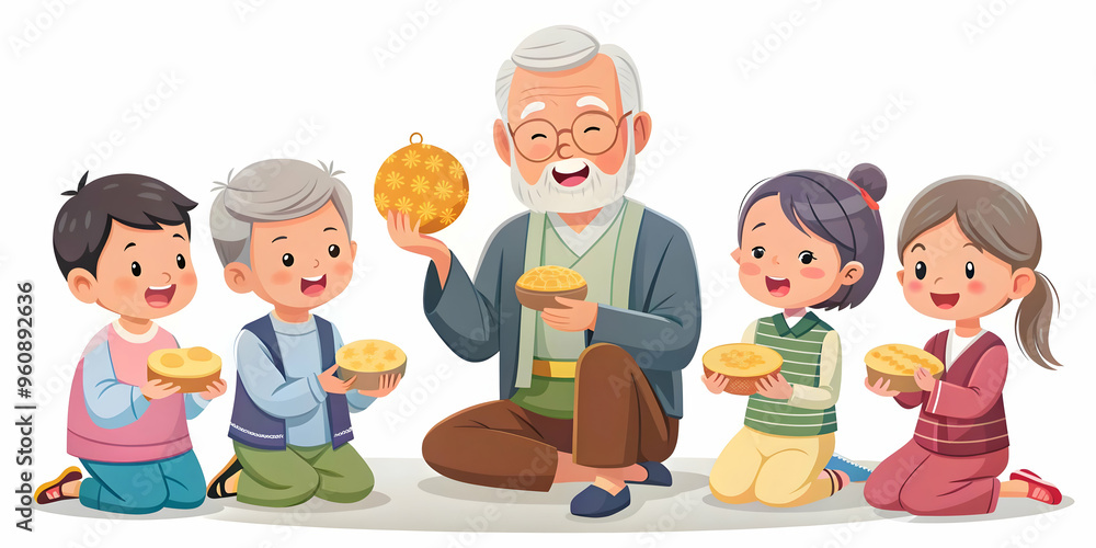 Flat Grandparents Telling Stories to Grandchildren at Mid Autumn Festival: A Candid Illustration of Traditional Storytelling with Animated Gestures and Attentive Faces in Smart Business Tone Flat Grandparents Telling Stories to Grandchildren at Mid Autumn Festival: A Candid Illustration of Traditional Storytelling with Animated Gestures and Attentive Faces in Smart Business Tone