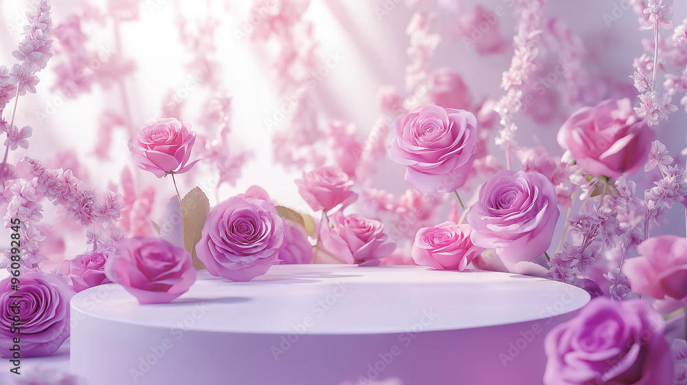 Podium background flower rose product pink 3d spring table beauty stand display nature white. Garden rose floral summer background podium cosmetic valentine easter field scene gift purple day romantic Podium background flower rose product pink 3d spring table beauty stand display nature white. Garden rose floral summer background podium cosmetic valentine easter field scene gift purple day romantic