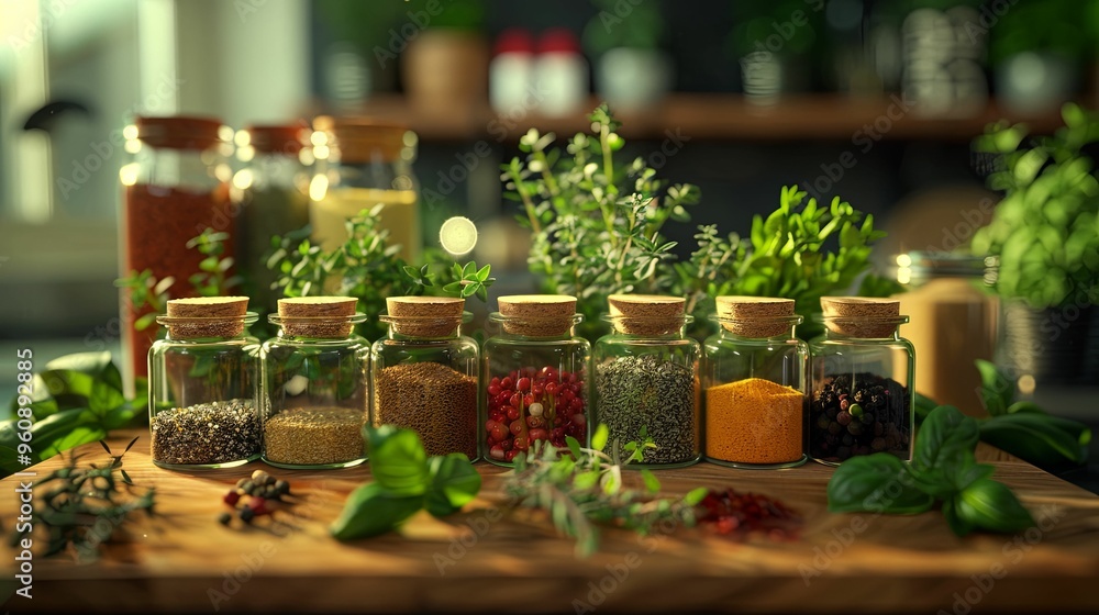 Glass Jars Filled With Various Spices and Herbs on a Wooden Surface Glass Jars Filled With Various Spices and Herbs on a Wooden Surface