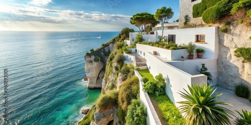 Dreamycoastalcliffside lushgreenery seasideescapes modernminimalist whitewashedwalls photo