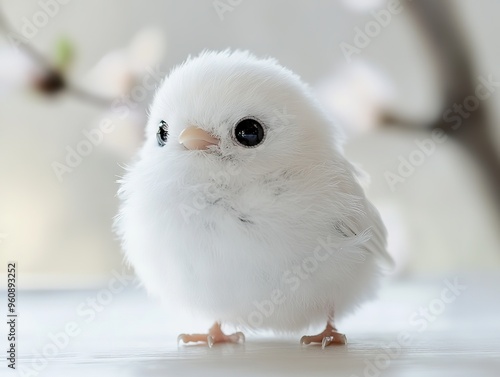 Charming Little White Bird Close-Up, Fluffy and Cuddly, Adorable Black Eyes, Perched on Table. High-Definition Cute Bird Photography with Super Detail and Cute Background.