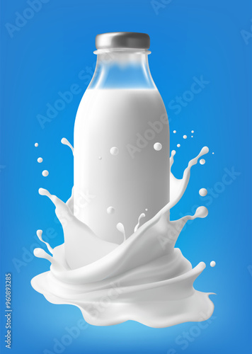 Realistic milk bottle with cream splash, isolated vector white wave with drops around glass flask with dairy product. 3d fluid with splatters, liquid milky flow stream, calcium food