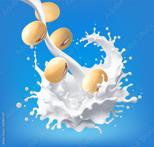 3D vector Soy milk yogurt splashing isolated background. Health concept. Realistic illustration. Can used for product design food products, Mesh gradient wes