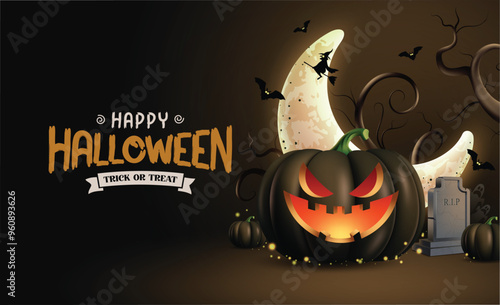 Happy halloween greeting vector background design . Halloween trick or treat greeting text card with cute and creepy pumpkins, moon, grave stone, bats, witch and trees elements in night black 