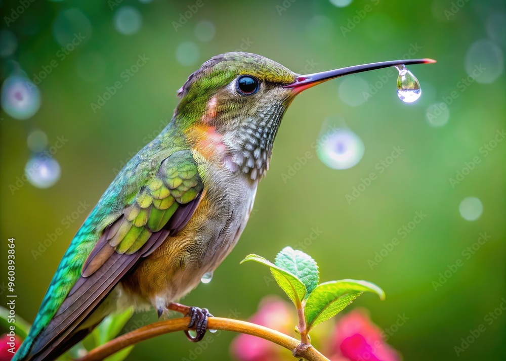 Fototapeta premium intimate hummingbird lowers delicate tongue whispers sweet nothings morning dew