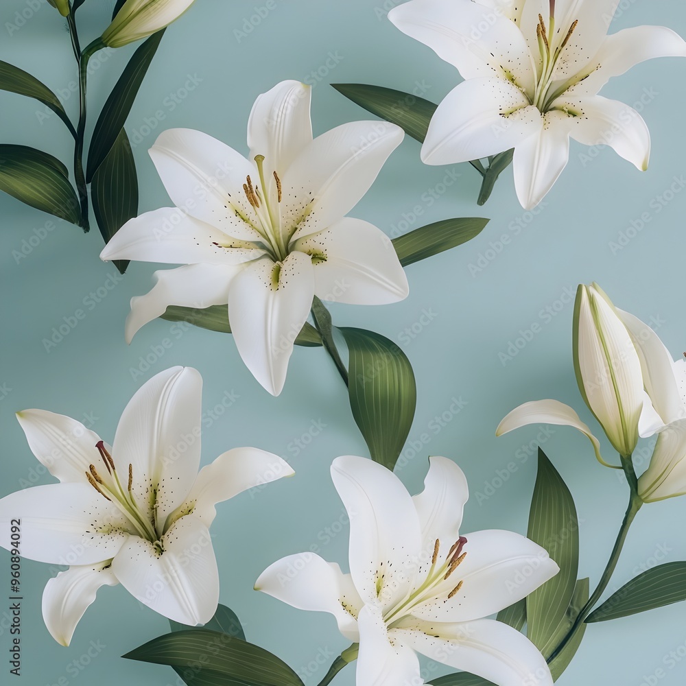 Elegant and delicate white lilies set against a soft light blue backdrop creating a serene and natural wallpaper design This floral arrangement exudes a sense of tranquility and simplistic beauty Elegant and delicate white lilies set against a soft light blue backdrop creating a serene and natural wallpaper design This floral arrangement exudes a sense of tranquility and simplistic beauty