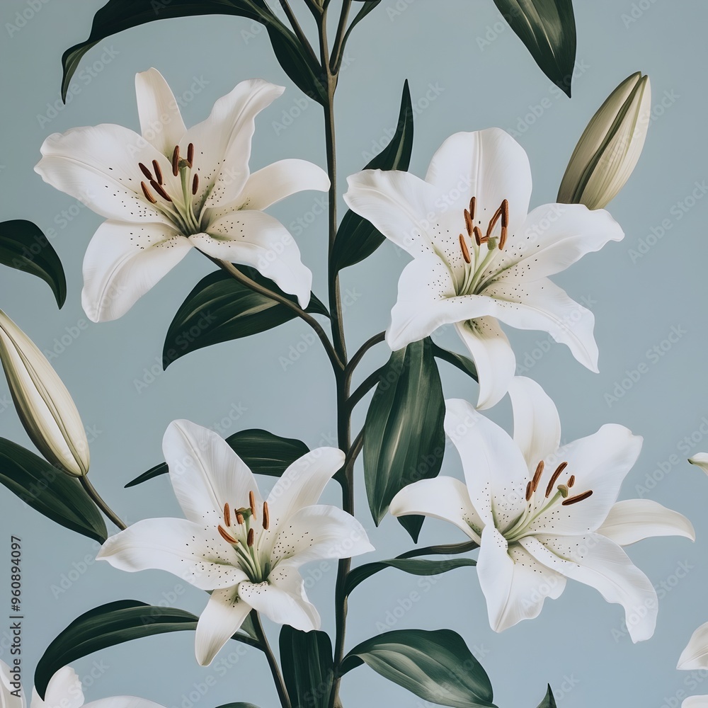 Elegant White Lilies Set Against a Soft Blue Wallpaper Background A Serene and Sophisticated Floral Design for Home Decor Interior Design and Creative Projects Elegant White Lilies Set Against a Soft Blue Wallpaper Background A Serene and Sophisticated Floral Design for Home Decor Interior Design and Creative Projects