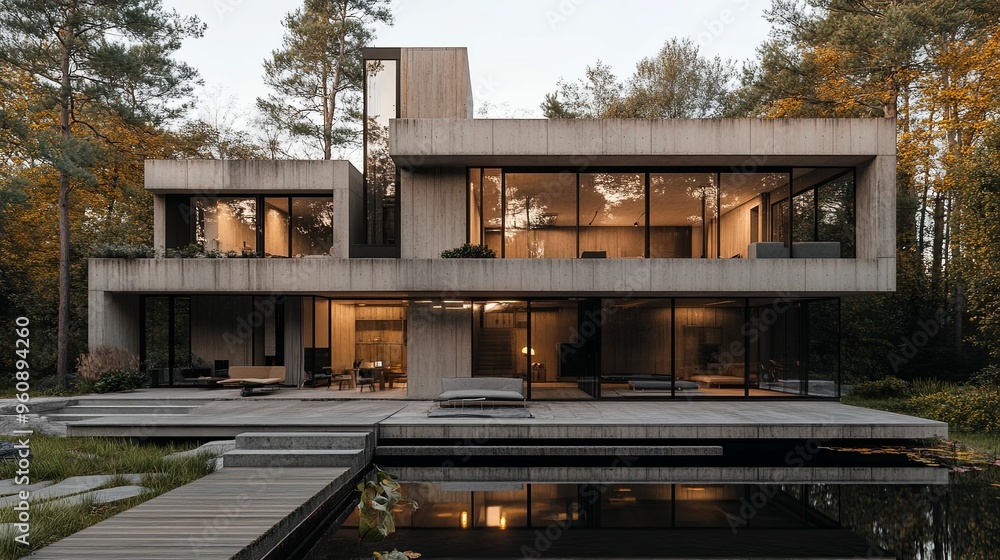Modern Concrete House with Pool and Surrounding Trees Modern Concrete House with Pool and Surrounding Trees