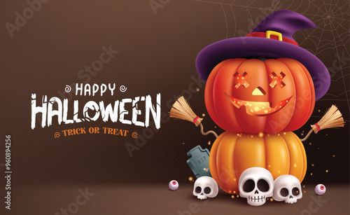 Happy halloween text vector design. Halloween greeting card with cute standing pumpkins, broom, skulls, eyeball and grave stone elements in dark spider web background. Vector illustration kids party  