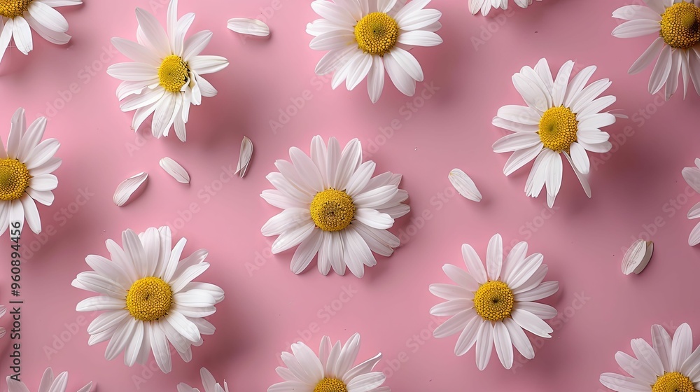 White Daisies with Yellow Centers on a Pink Background White Daisies with Yellow Centers on a Pink Background