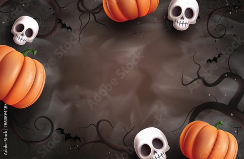 Halloween template vector background design. Halloween blank space background with elements border pattern like pumpkins, scary skull, spider web, and trunk  for creepy night postcard. Vector 