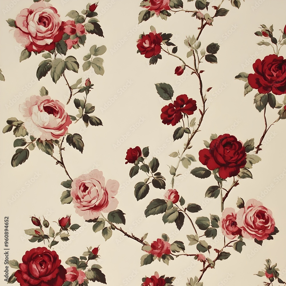 Elegant and Luxurious Floral Wallpaper Featuring a Classic Rose Pattern in Vibrant Red and Soft Pink Shades on an Ivory Background Creating a Timeless and Romantic Ambiance for Home Decor Elegant and Luxurious Floral Wallpaper Featuring a Classic Rose Pattern in Vibrant Red and Soft Pink Shades on an Ivory Background Creating a Timeless and Romantic Ambiance for Home Decor