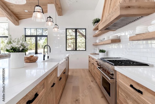 Contemporary farmhouse kitchen with distressed wood cabinets and a classic white subway tile backsplash