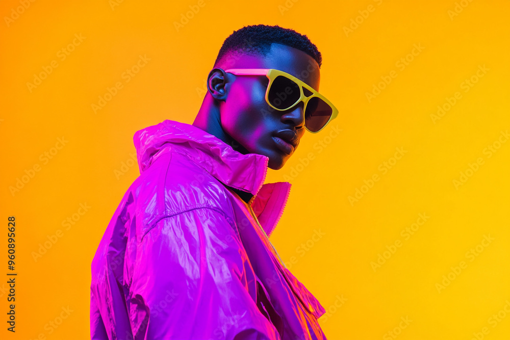 Obraz premium Stylish Men in Neon Purple Jacket with Solid Neon Yellow Background Modern Portrait