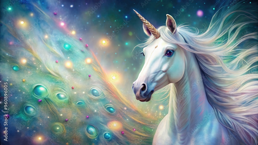 Unicorn's gentle features against soft peacock-inspired background iridescent shimmering colors whimsical delicate atmosphere subtle fabric texture Unicorn's gentle features against soft peacock-inspired background iridescent shimmering colors whimsical delicate atmosphere subtle fabric texture