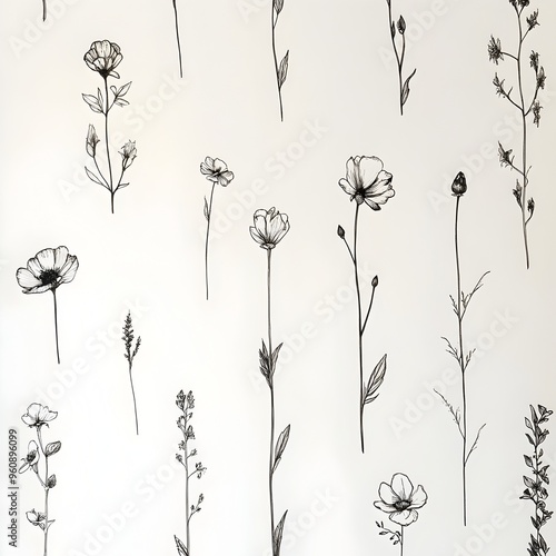 Minimalist floral wallpaper design featuring simple black and white line drawings of flowers sparsely arranged on a clean white background  This elegant modern pattern creates a calming photo