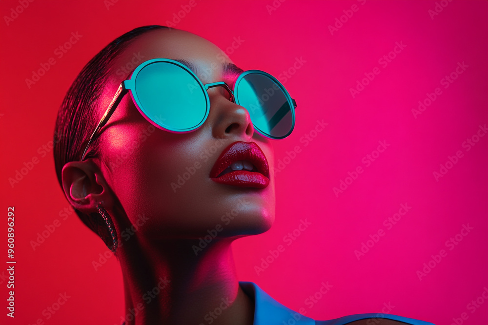 Trendsetting Woman in Neon Teal Eyewear with Solid Neon Pink Background Fashion Portrait Trendsetting Woman in Neon Teal Eyewear with Solid Neon Pink Background Fashion Portrait