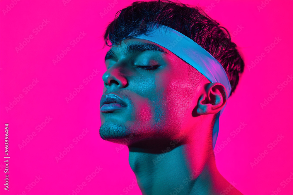 Bold Men in Neon Teal Headband with Solid Neon Pink Background Trendsetting Portrait Bold Men in Neon Teal Headband with Solid Neon Pink Background Trendsetting Portrait